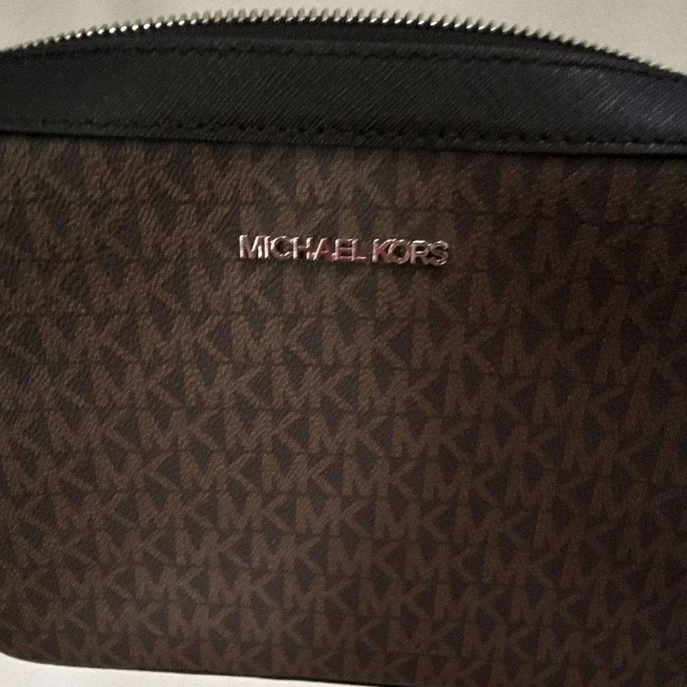 Michael Kors Brown Logo Crossbody Bag Zip, Chain Strap, Adjustable, Silver